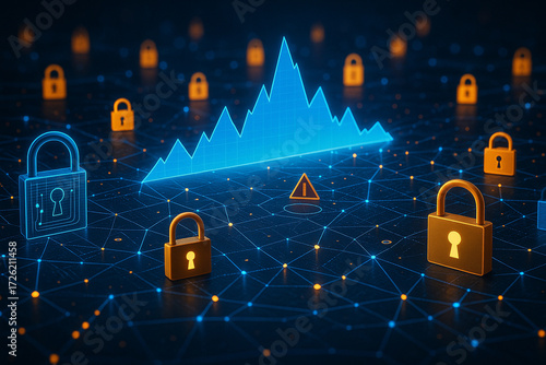 AI generated digital network with glowing padlocks data graph and warning icon symbolizing cybersecurity encryption protection risk management and secure digital connections