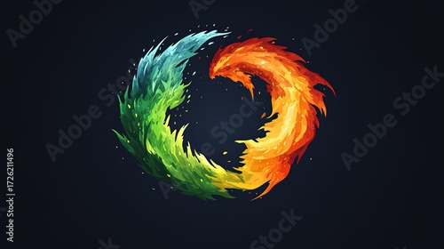 Symbolic Circular Illustration of Trees and Waves in Contrasting Seasons