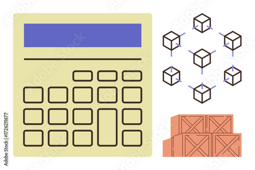 Calculator, blockchain network, and stacked cargo boxes represent financial analysis, supply chain efficiency, decentralized data sharing. Ideal for logistics, finance, blockchain, inventory