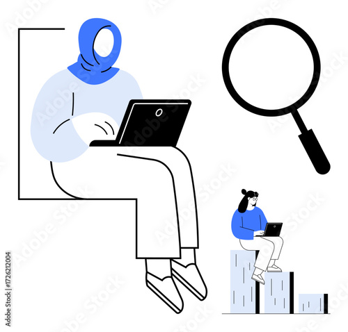 Person in hijab using laptop, magnifying glass symbolizing research, woman on progress bars with laptop. Ideal for diversity, digital learning, research, remote work, growth, technology inclusion