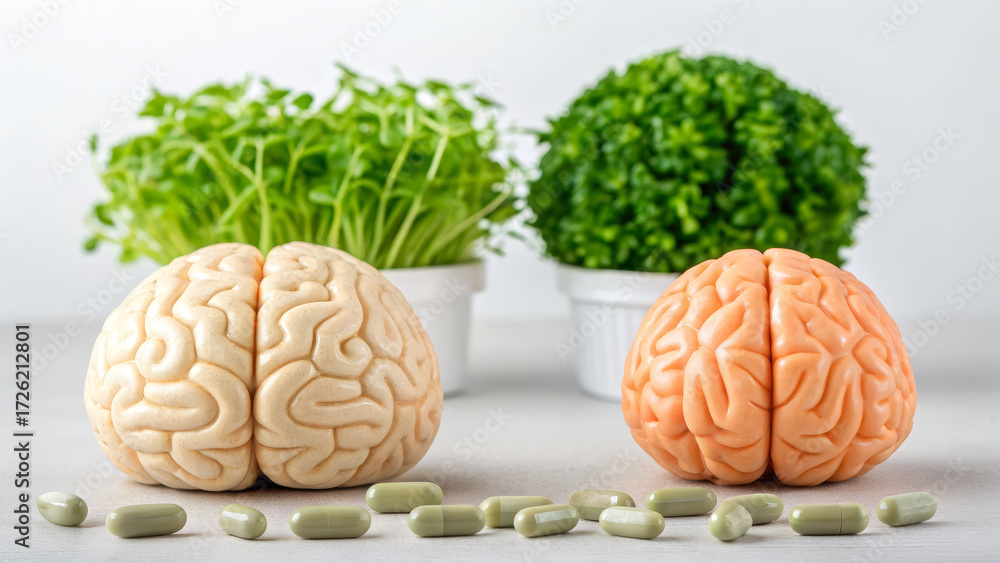 Fototapeta premium Dietary and supplement concept ,brain shaped herb beside cognition supplements promoting natural memory support and healthy