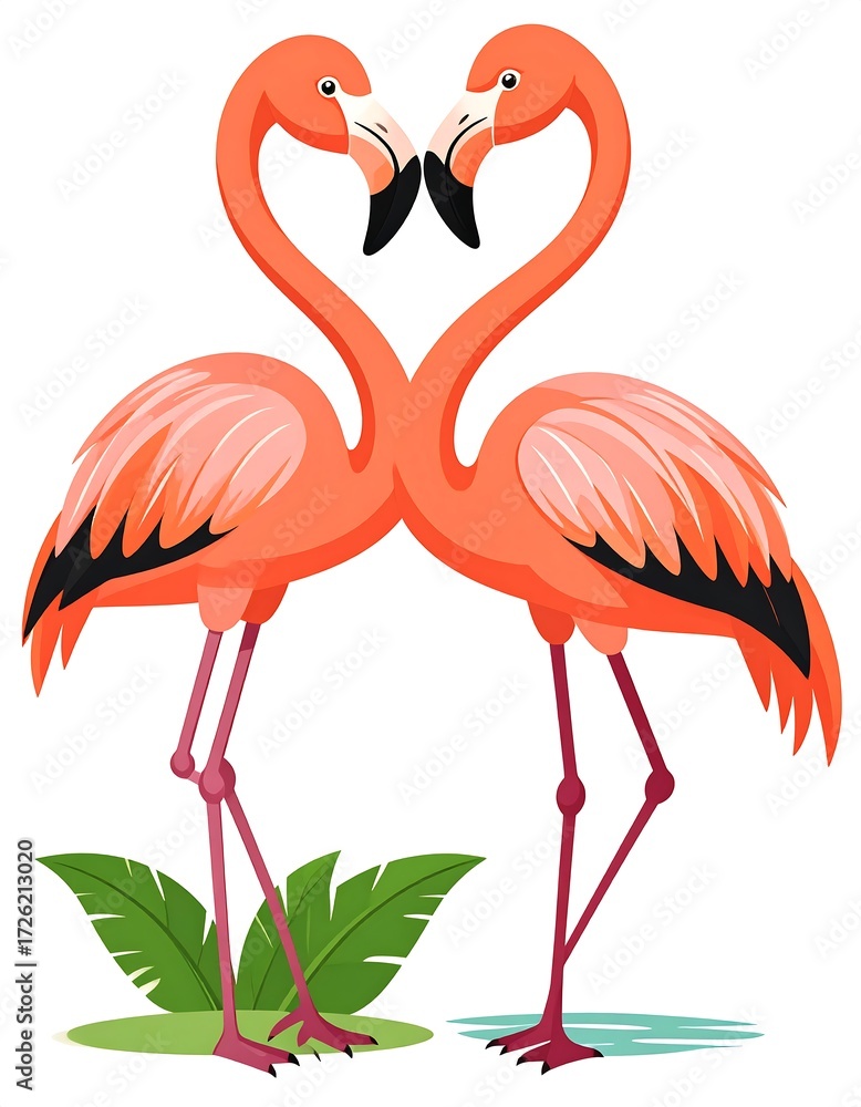 Obraz premium Two pink flamingos face each other, necks forming a heart shape above a small patch of greenery