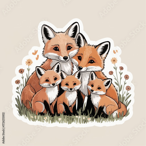 Adorable illustration of a family of foxes surrounded by flowers in a playful design
