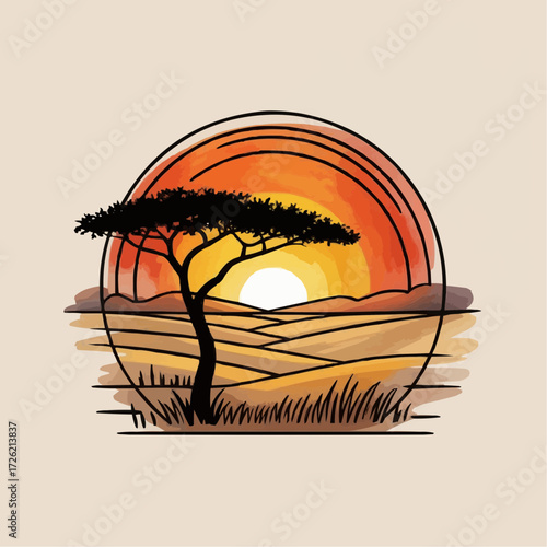 Stylized sunset landscape featuring an acacia tree with warm colors in a circular design
