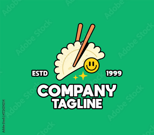 Vector illustration of a creative dumpling logo with chopsticks and a smiley face symbol. Perfect for Asian food branding, restaurant identity, street food packaging, or modern culinary design concept