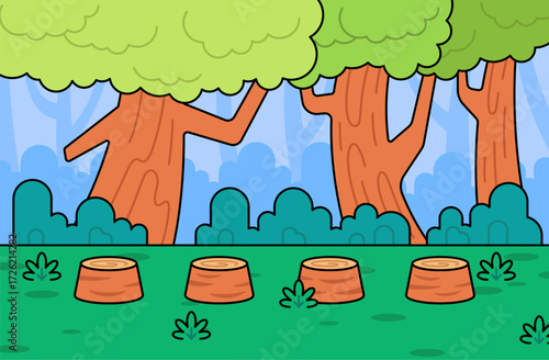 Cartoon forest with tall trees, green bushes, and wooden stumps on the ground. Perfect for nature backgrounds, deforestation concepts, environment themes, outdoor adventure vector illustration