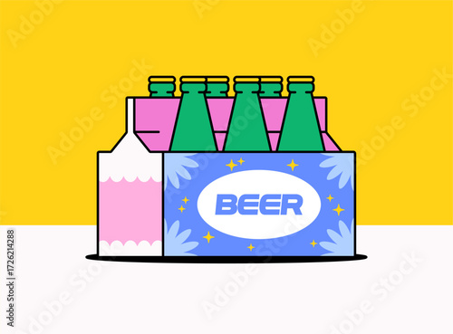 Six pack beer bottles in colorful carton packaging illustration vector hand drawn style