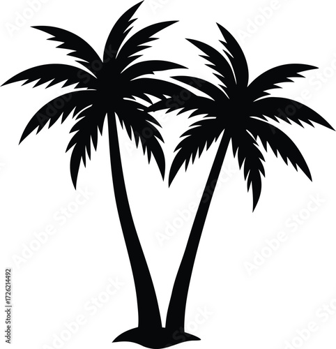 black silhouette of twin coconut palm trees on whi.eps