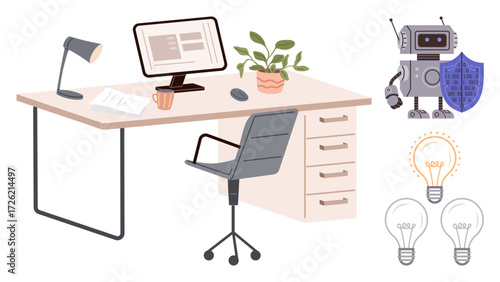 Office setup with desk, computer, lamp, chair, and potted plant alongside a robot holding a shield and lightbulb designs. Ideal for technology, innovation, creativity, workplace automation