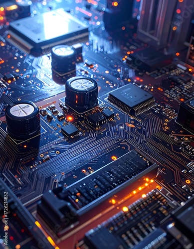 Close-up of a complex circuit board, glowing components