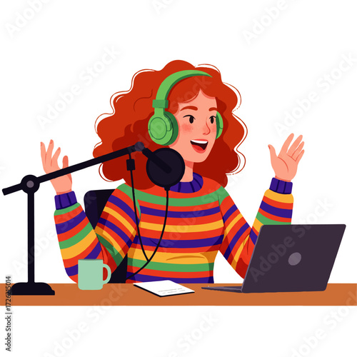 A young woman with red curly hair enthusiastically records a podcast with a microphone and laptop, wearing headphones and a colorful striped sweater.