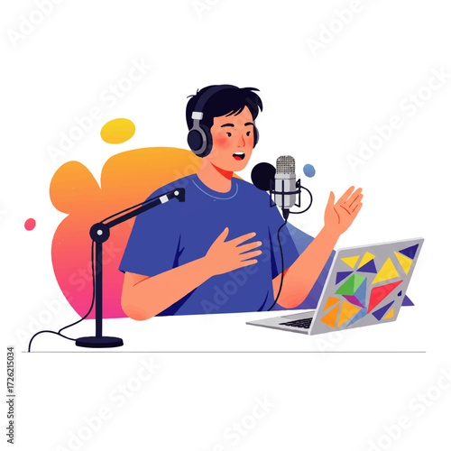 A young man records a podcast with a microphone and laptop, gesturing with his hand in a bright, colorful illustration.