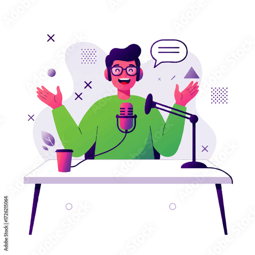 Illustration of a man with headphones broadcasting into a microphone at a desk, with a speech bubble above him.