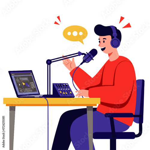Cartoon illustration of a man recording a podcast with a microphone, laptop, and sound mixer on a table, with a speech bubble above.