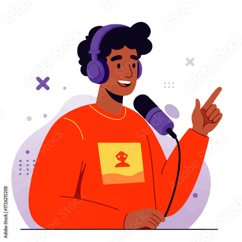 Illustration of a young man with headphones speaking into a microphone, gesturing with his right hand, likely recording a podcast.