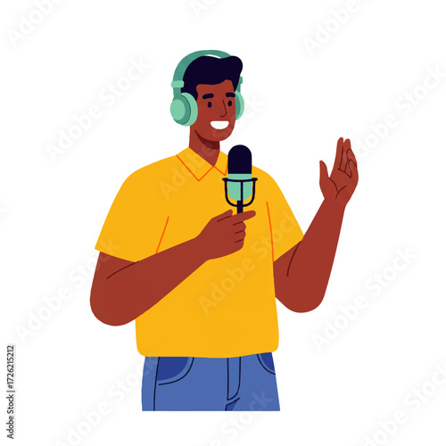 A dark-skinned man with headphones holds a microphone and raises his hand, possibly speaking or broadcasting.