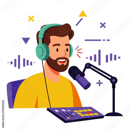 Illustrated man with headphones speaks into a microphone in a studio setting, with sound waves and a mixing board.