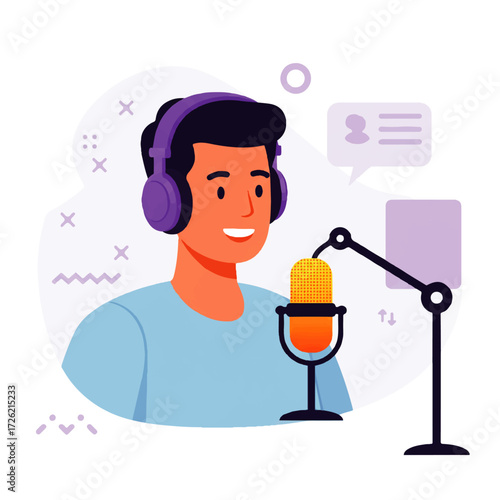 Illustration of a smiling man wearing headphones speaking into a microphone, with speech bubble and soundproofing panel in the background.