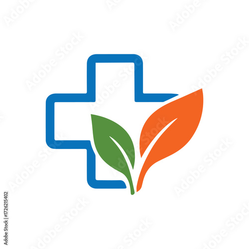 Healthcare Wellness Logo with Medical Cross, Human Figure and Leaf Vector Design