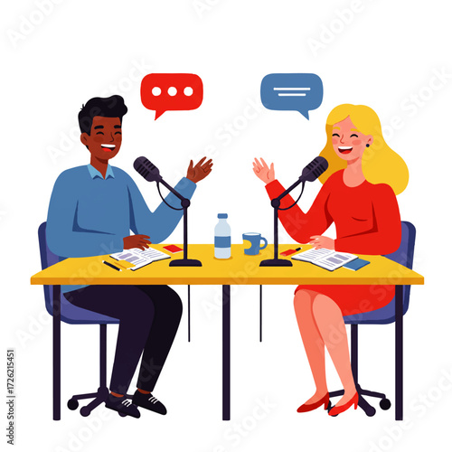 Two people, a man and a woman, are recording a podcast, sitting at a table with microphones and speech bubbles above their heads.