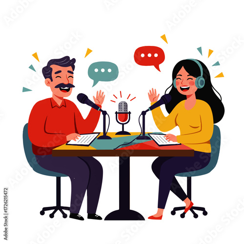 Two cheerful people, a man and a woman, broadcasting a podcast with microphones and speech bubbles on a table.