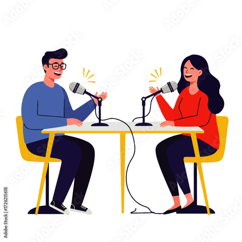 Two people, a man and a woman, are recording a podcast with microphones at a table, smiling and gesturing.