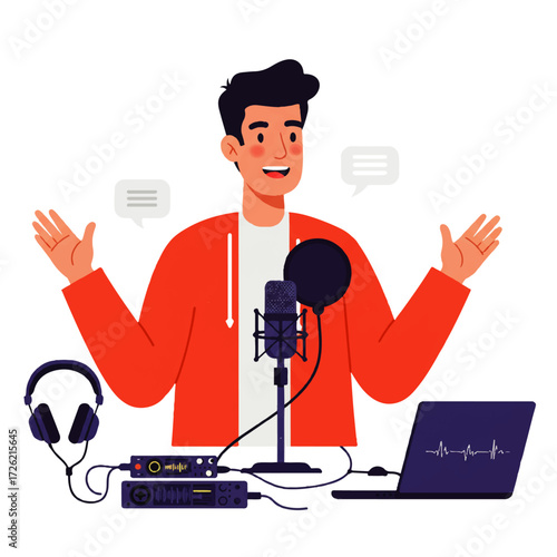 Illustration of a cheerful man recording a podcast with a microphone, laptop, headphones, and audio interface.