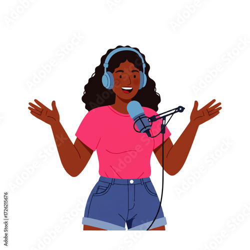 Illustration of a smiling Black woman wearing headphones and speaking into a microphone with open arms, likely recording a podcast or broadcast.
