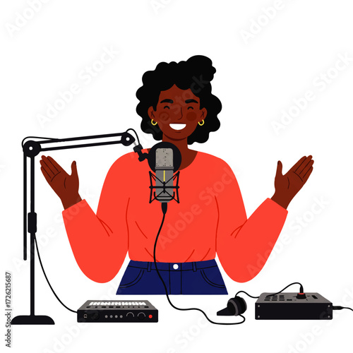 Smiling woman with open arms recording a podcast with a microphone, audio interface, and other equipment on a white background.