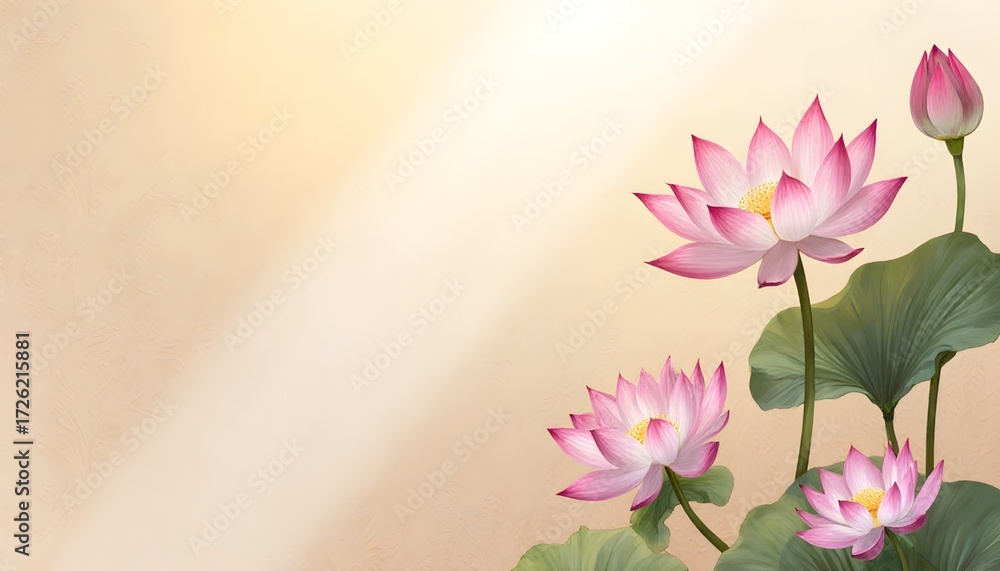 Naklejka premium Pink Lotus Flowers Blooming on Green Leaves Against Soft Yellow Background