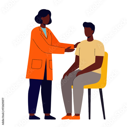 A female doctor with dark skin places her hand on the shoulder of a seated male patient during a consultation.