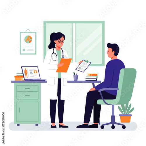 A female doctor in a white coat stands holding a clipboard, consulting with a male patient sitting in a medical office.