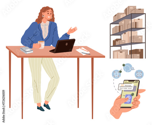 Woman working at desk with laptop, smartphone showing security code, shelves with packages. Ideal for workplace organization, e-commerce, multitasking, logistics, online security, digital management