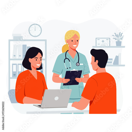 A nurse consults with a couple in a medical office, holding a clipboard while they sit at a desk with a laptop.