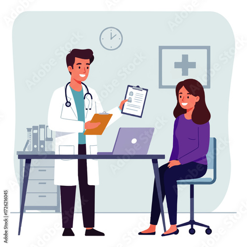 A smiling doctor in a white coat explains medical information on a clipboard to a female patient sitting in an office.