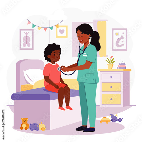 A nurse in scrubs uses a stethoscope to examine a young African-American child sitting on a bed in a brightly decorated doctor's office.