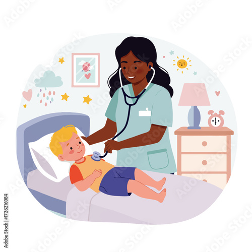 A female doctor with dark skin is examining a young blonde boy lying in a bed with a stethoscope.