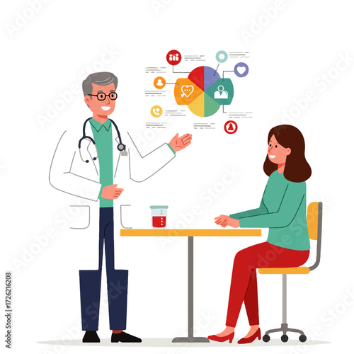 A doctor explains a pie chart with medical icons to a female patient sitting at a table with a urine sample.