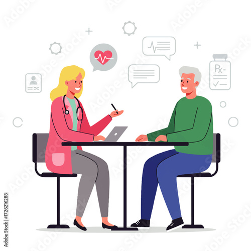 A blonde female doctor in a pink coat consults with a senior male patient at a table, using a laptop and discussing his health.
