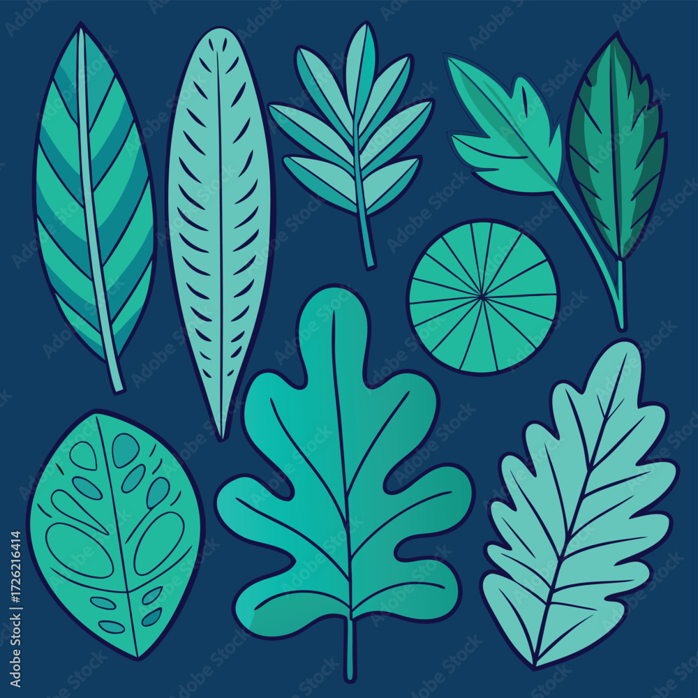 Fototapeta premium a-collection-of-teal-leaves-in-various-shapes-on-a (1).eps