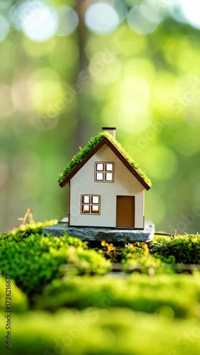 Tiny eco house on mossy stone surface in green garden, concept of ecology, green energy and sustainable living