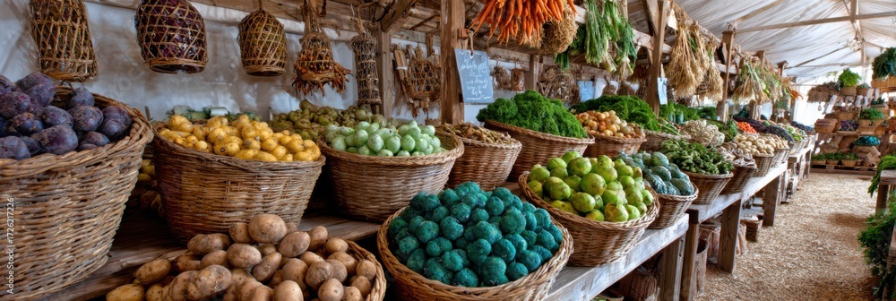 Fototapeta premium Vibrant Farmers Market Filled With Fresh Fruits and Vegetables at Noon Under a Shaded Canopy