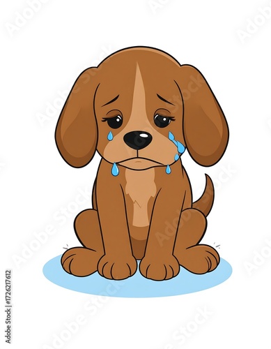 Sad cartoon puppy sitting, shedding tears