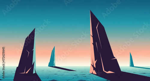 Abstract geometric shapes resembling sails or fins emerging from water.