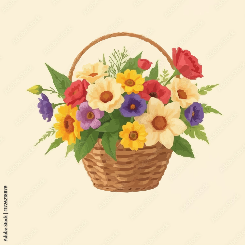 Obraz premium Vibrant flower basket arrangement on a soft background with copy space