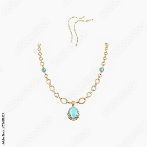 Elegant gold necklace with turquoise stones and matching earrings on a light background