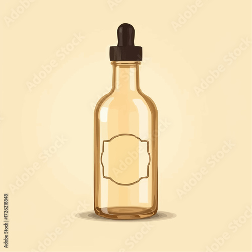 Empty glass dropper bottle illustration with a blank label on a soft background