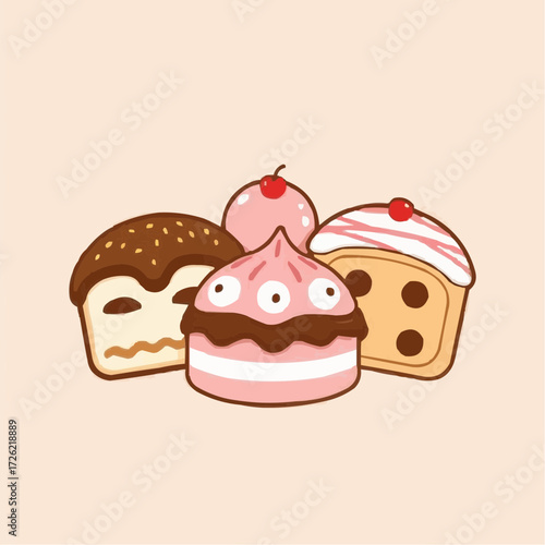 Cute dessert illustration featuring cakes and sweets on a soft background