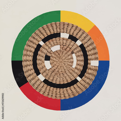 Colorful woven circular design on a textured background with copy space