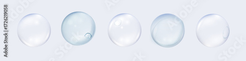 Collagen serum or essence drops. Hyaluronic acid. Collagen serum bubbles. Cosmetic essence. Concept skincare cosmetics solution. Vector 3d illustration